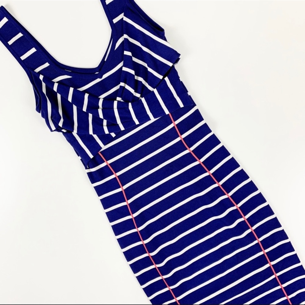 Jessica Simpson bodycon navy & white striped dress with a pop of pink.